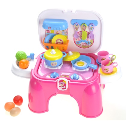Portable Kids Kitchen Cooking Set Toy With Lights And Sounds, Folds Into Stepstool