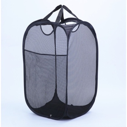 Mesh Pop Up Laundry Basket With Side Pocket (Black)